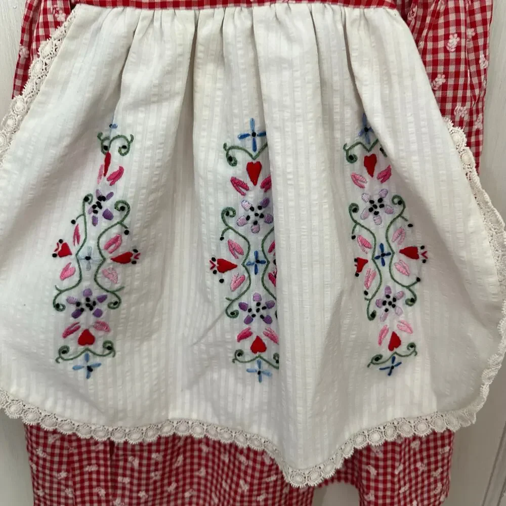 Vintage Girls Handmade Dress 70s Red White Gingham Embroidered‎ Apron Front Tie